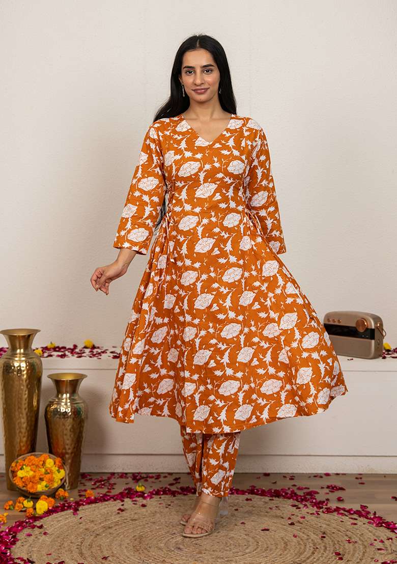 Peach Floral Print Cotton A Line Kurta Set - Indya