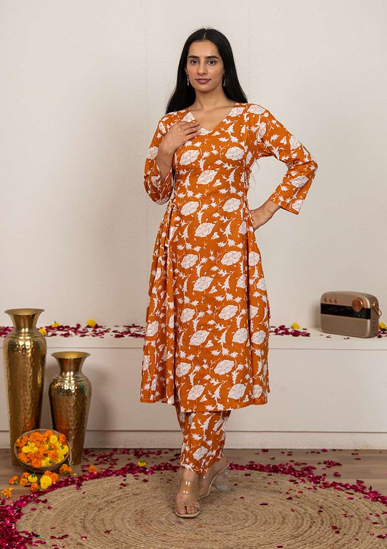 Peach Floral Print Cotton A Line Kurta Set - Indya