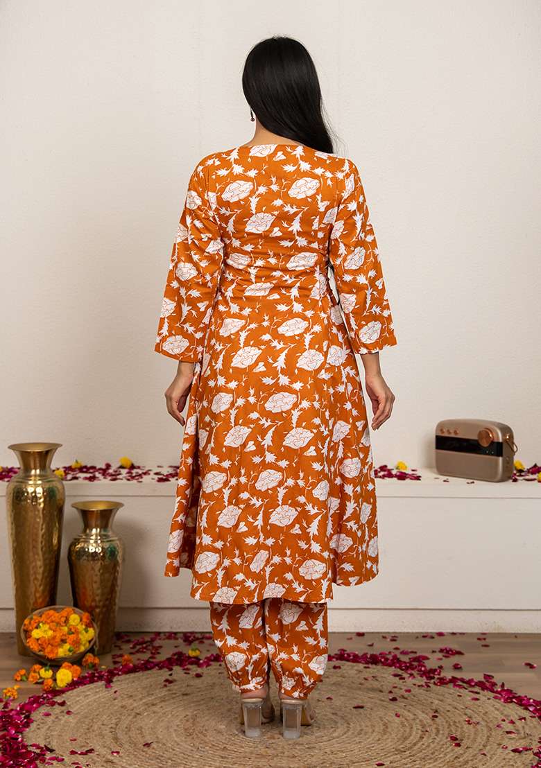 Peach Floral Print Cotton A Line Kurta Set - Indya