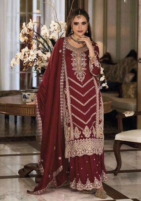 Maroon Embroidery Chinon Salwar Suit