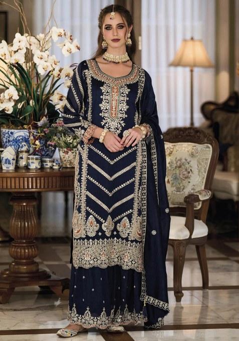 Navy Blue Embroidery Chinon Salwar Suit