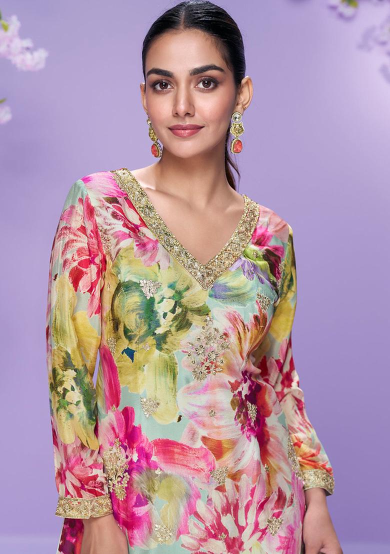 Pista Green Embroidery Chinon Salwar Suit - Indya