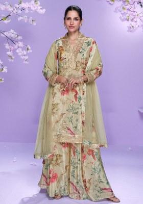 Beige Embroidery Chinon Salwar Suit