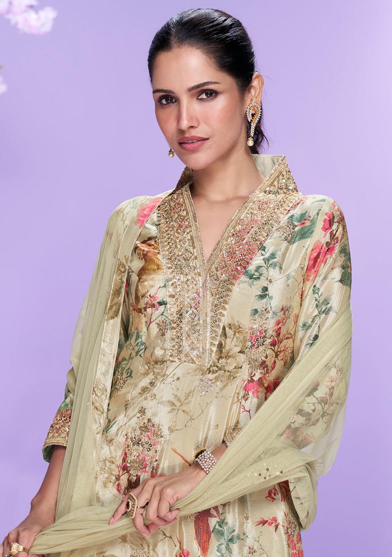 Beige Embroidery Chinon Salwar Suit - Indya