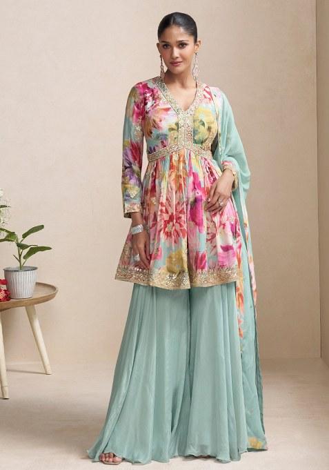 Sky Blue Embroidery Chinon Salwar Suit