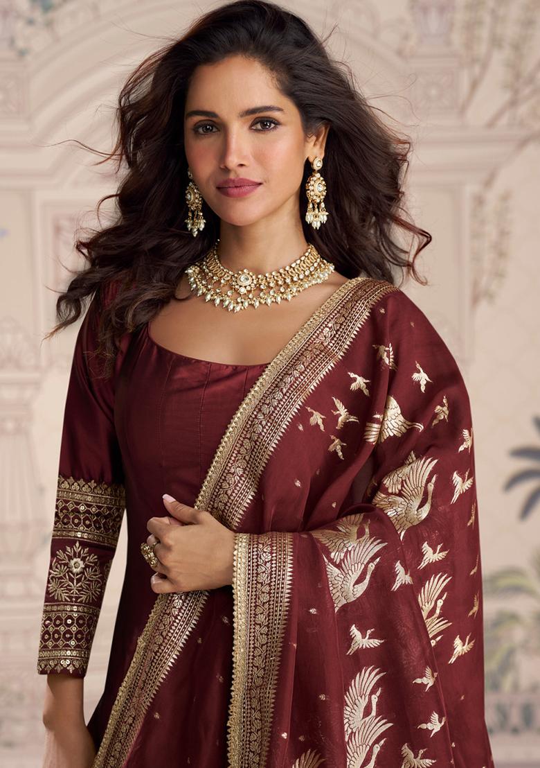 Maroon Embroidery Silk Anarkali Set - Indya