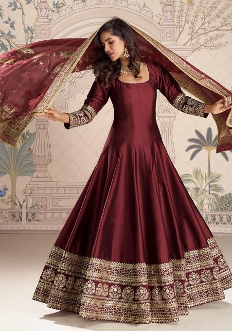 Maroon Embroidery Silk Anarkali Set