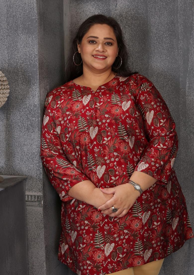 Maroon Abstract Print Chanderi Plus Size Kurti - Indya