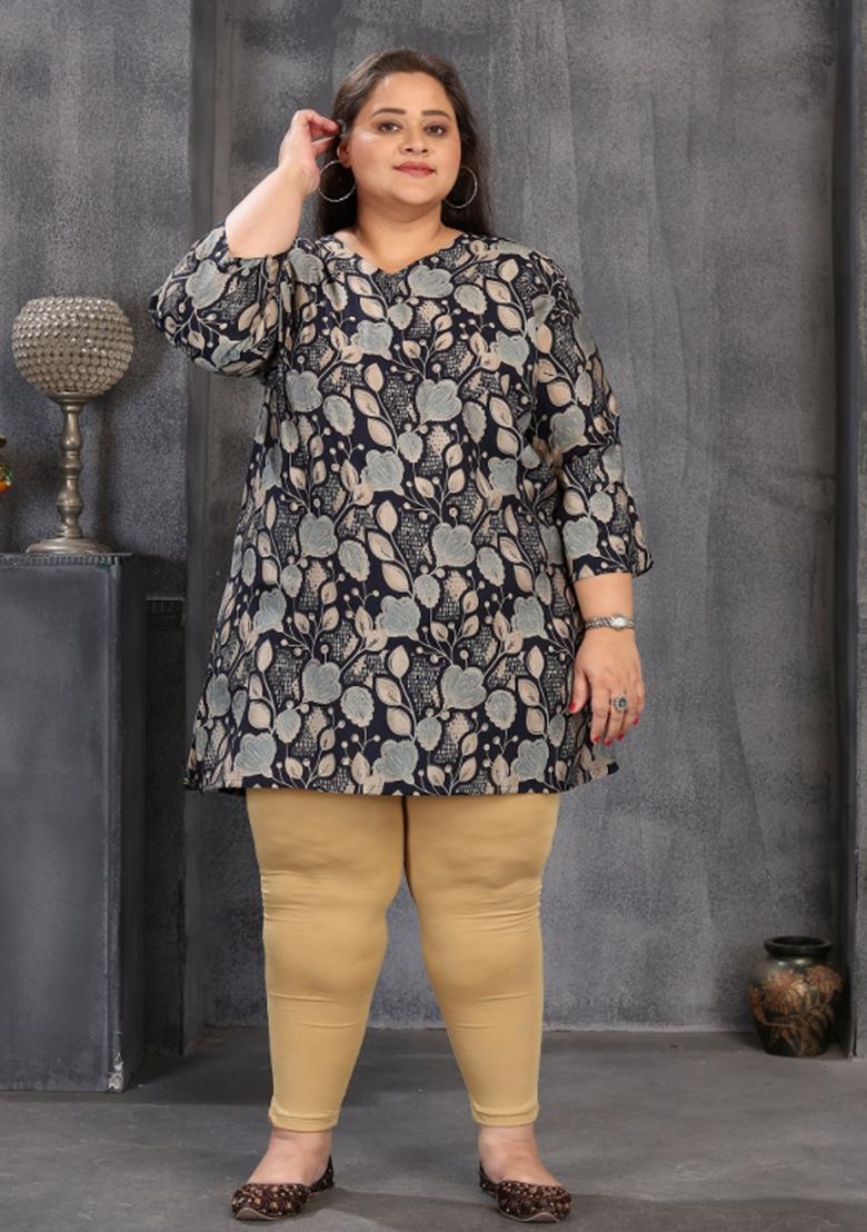 Blue Abstract Print Chanderi Plus Size Kurti - Indya