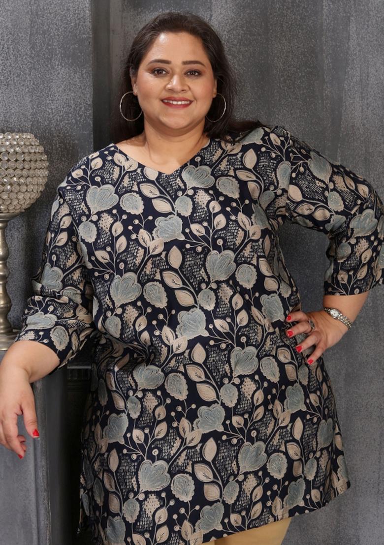 Blue Abstract Print Chanderi Plus Size Kurti - Indya