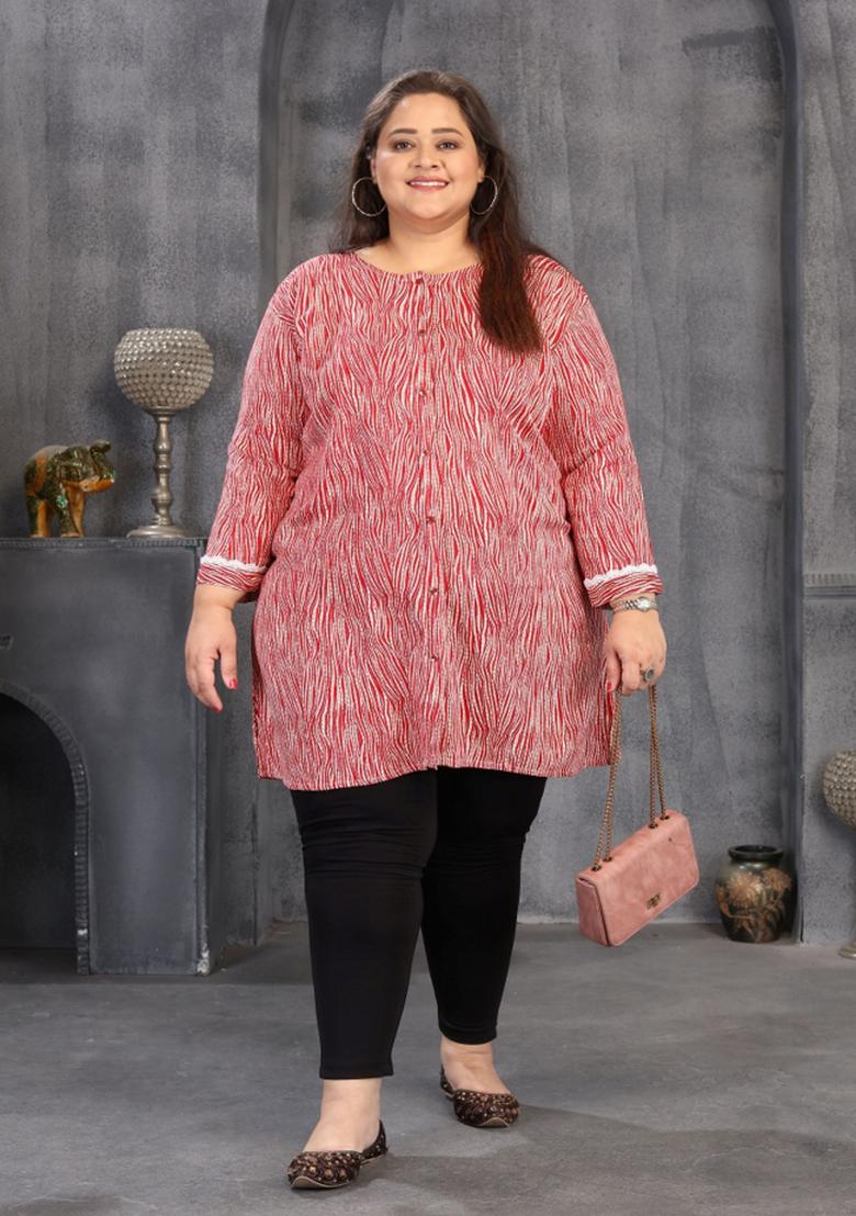Maroon Abstract Print Rayon Plus Size Kurti - Indya