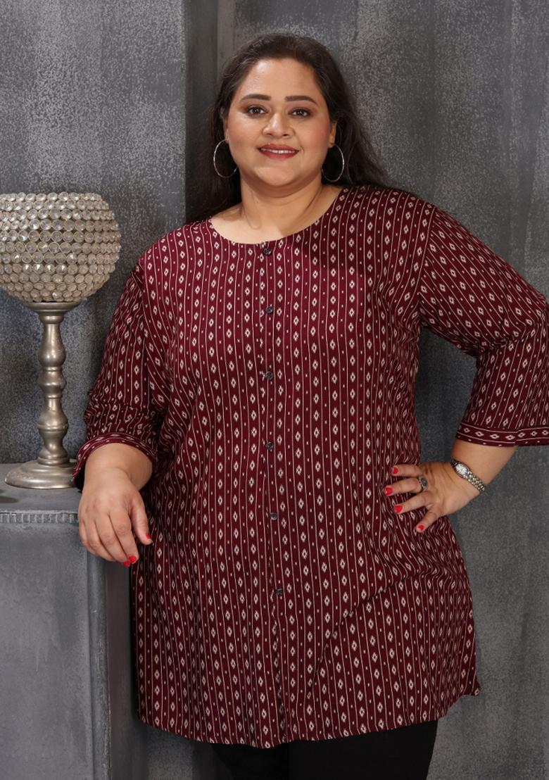 Wine Abstract Print Rayon Plus Size Kurti - Indya
