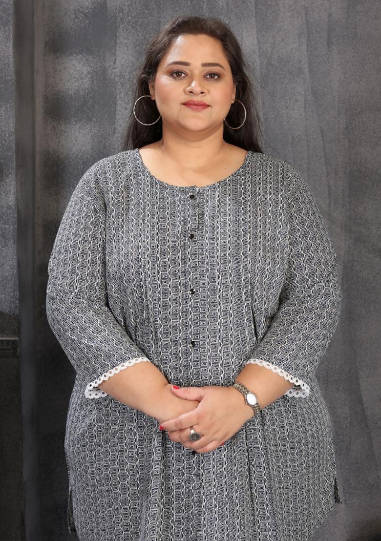 Grey Abstract Print Rayon Plus Size Kurti - Indya