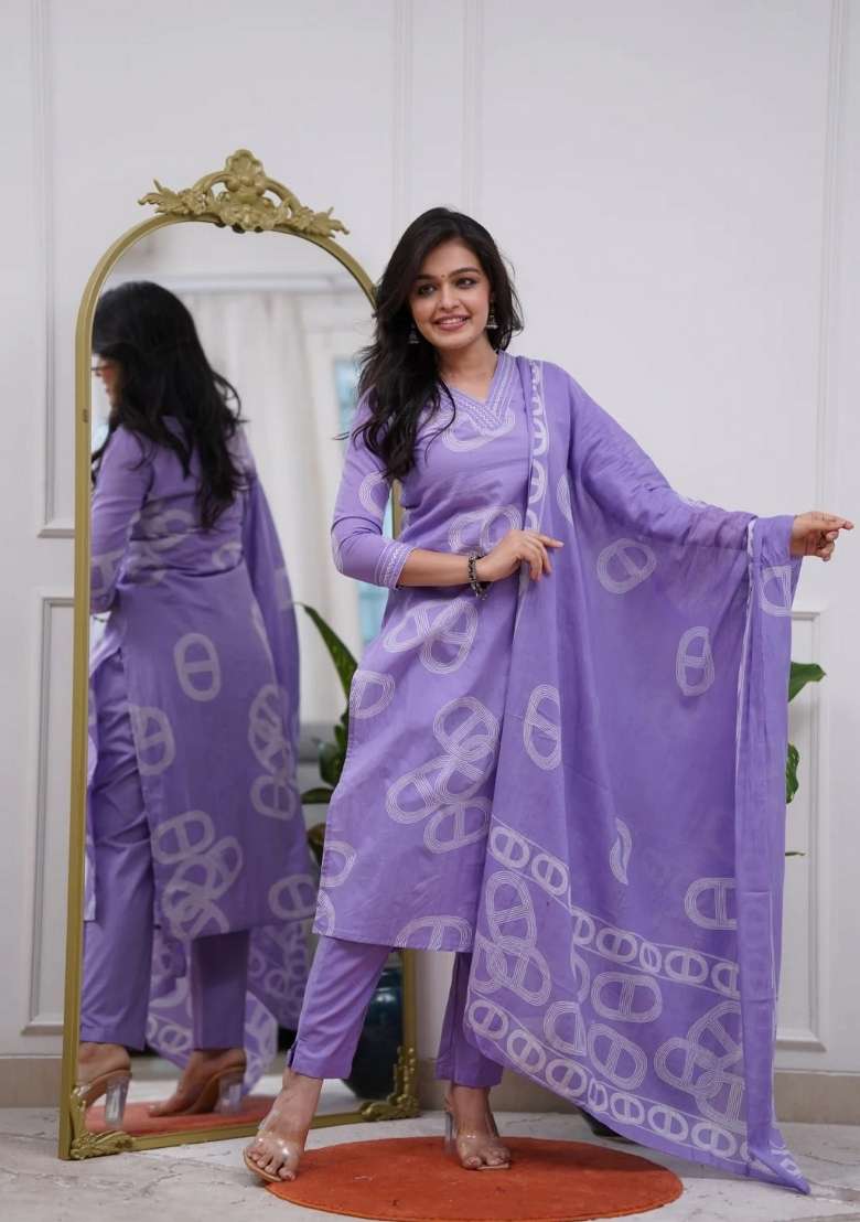 Lavender Printed Chanderi Straight Kurta Set - Indya