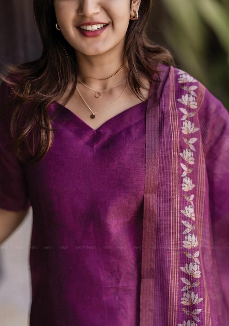 Purple Abstract Print Art Silk Kurta With Dupatta - Indya