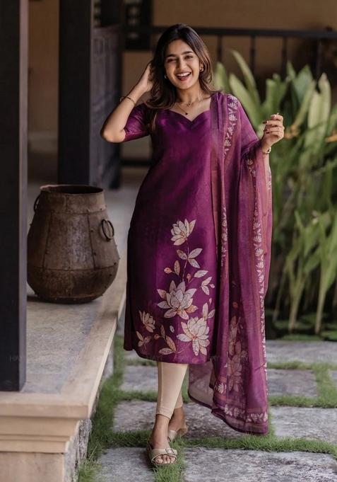 Purple Abstract Print Art Silk Kurta With Dupatta