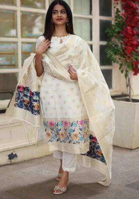 Off White Zari Woven Jacquard Kurta Set