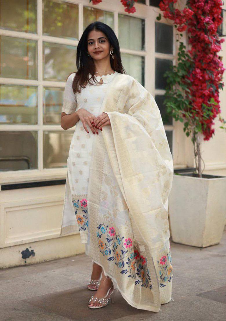 Off White Zari Woven Jacquard Kurta Set - Indya