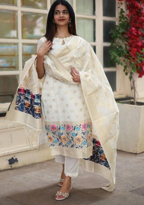 Off White Zari Woven Jacquard Kurta Set