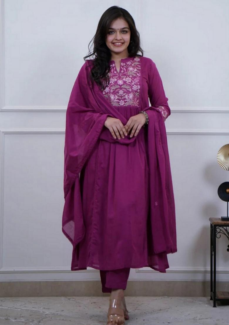 Purple Resham Embroidery Blended Cotton Kurta Set - Indya
