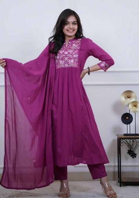 Purple Resham Embroidery Blended Cotton Kurta Set