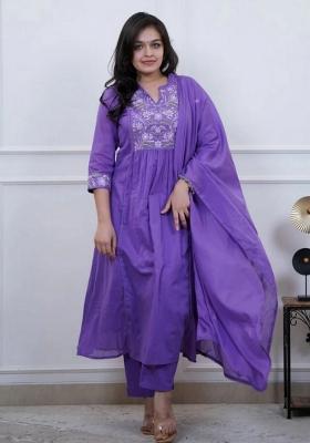 Lavender Resham Embroidery Blended Cotton Kurta Set