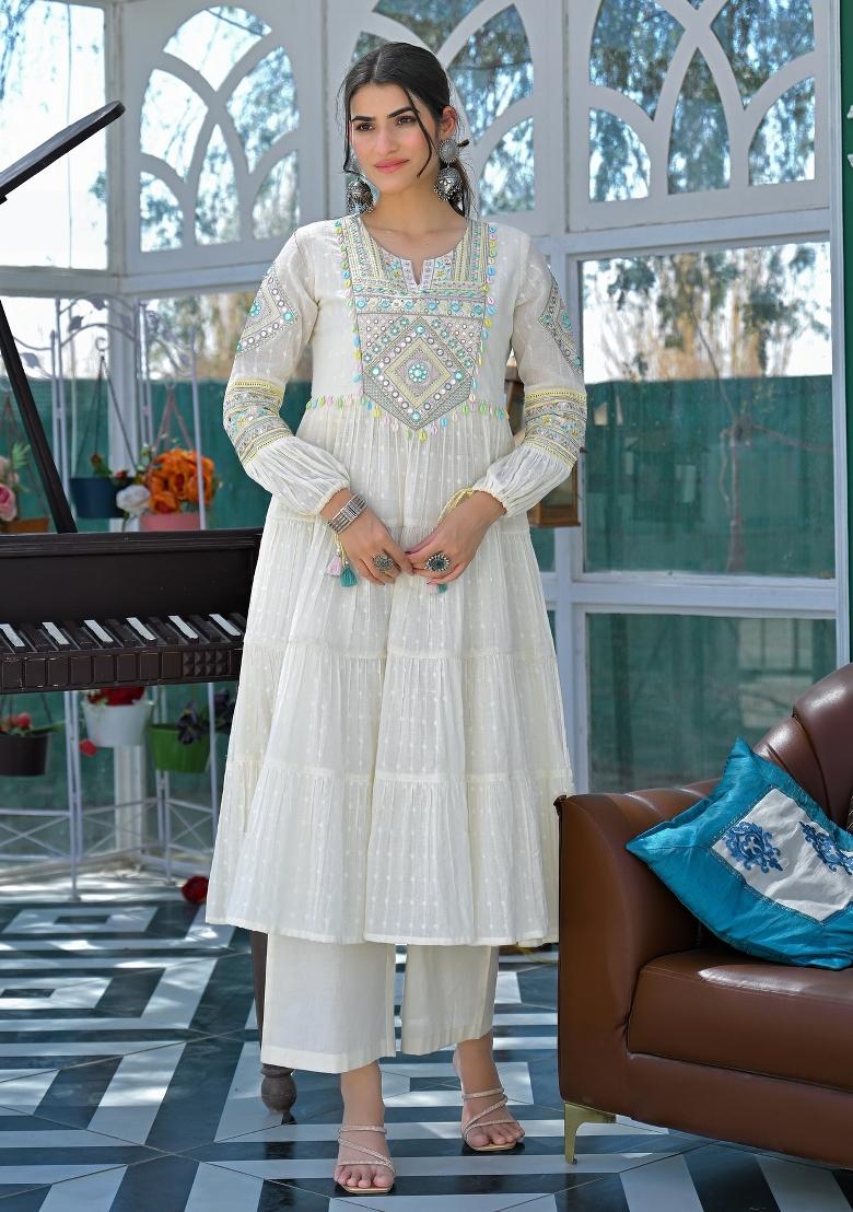 White Resham Embroidery Blended Cotton Kurta Set - Indya