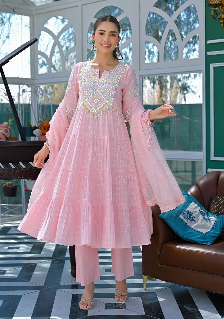 Pink Resham Embroidery Blended Cotton Kurta Set - Indya