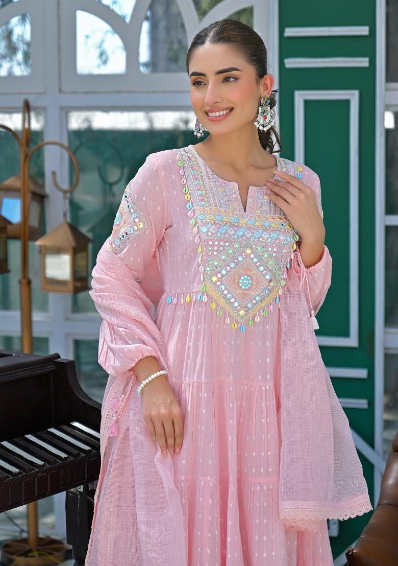 Pink Resham Embroidery Blended Cotton Kurta Set - Indya