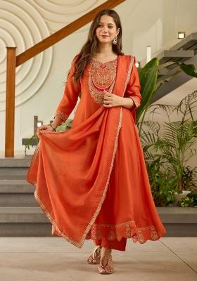Rust Resham Embroidery Art Silk Kurta Set