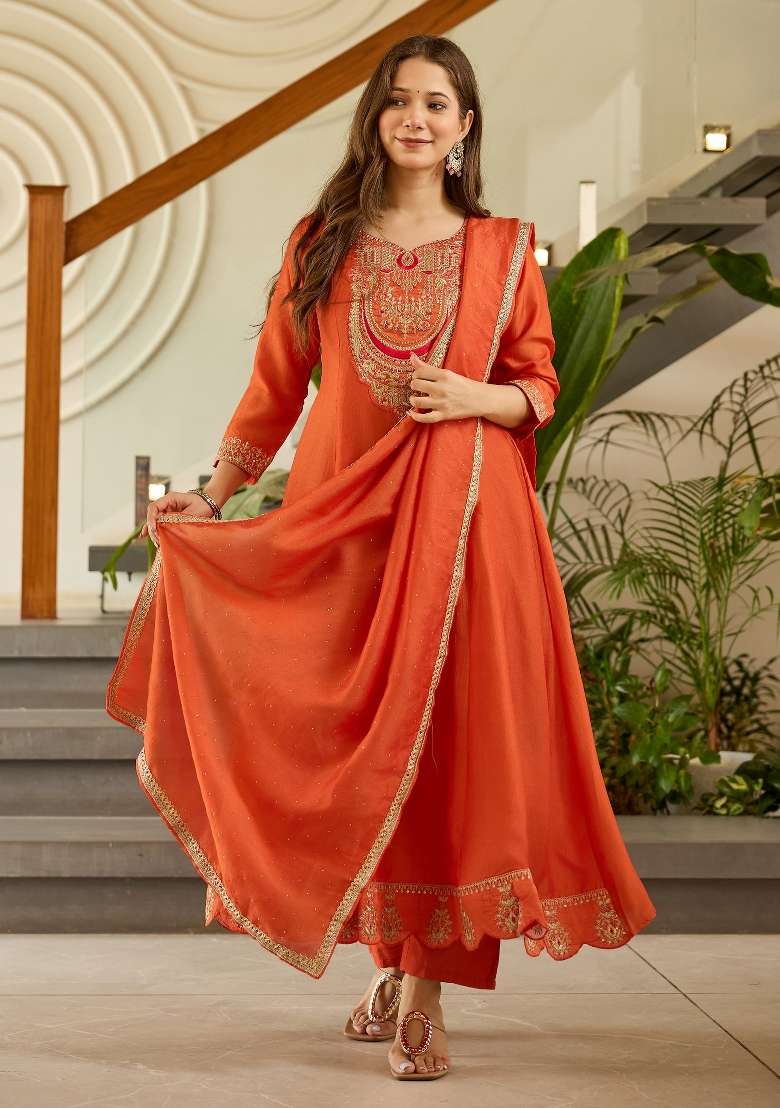 Rust Embroidered Silk Anarkali Set - Indya