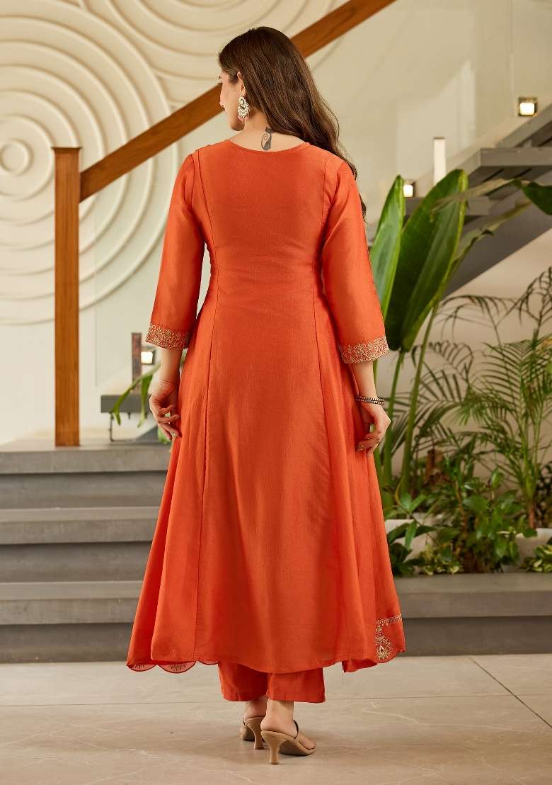 Rust Embroidered Silk Anarkali Set - Indya