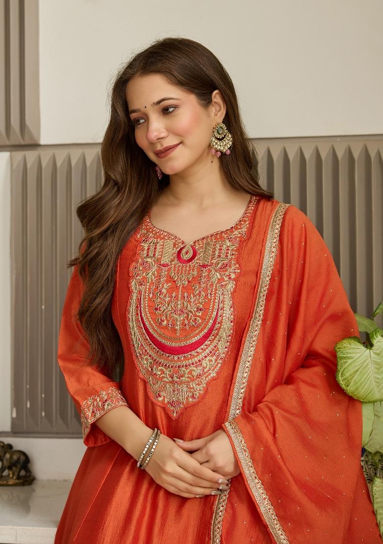 Rust Resham Embroidery Art Silk Kurta Set - Indya