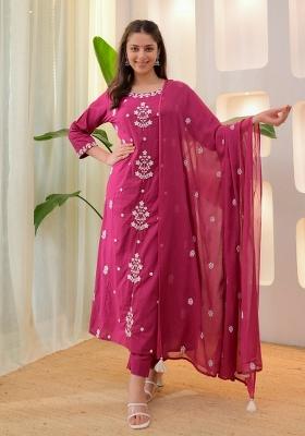 Pink Resham Embroidery Rayon Kurta Set