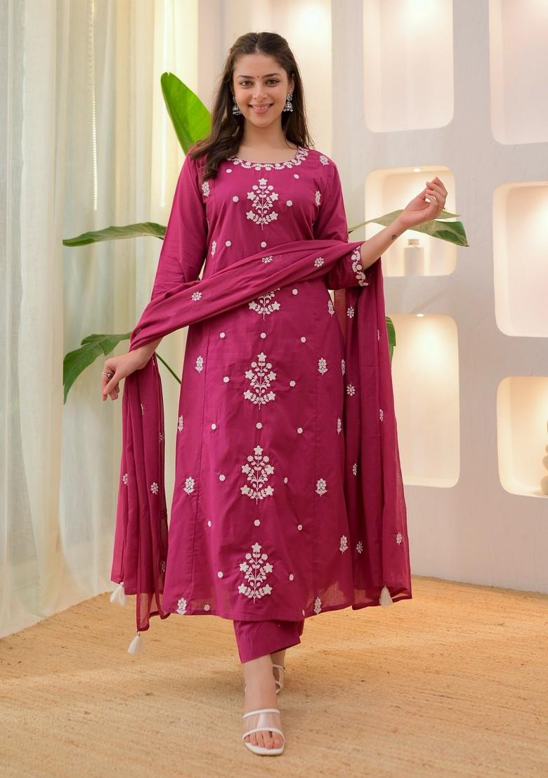 Pink Resham Embroidery Rayon Kurta Set - Indya