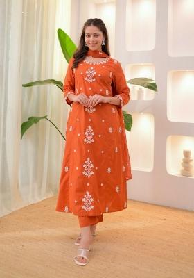 Orange Resham Embroidery Rayon Kurta Set