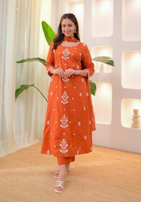 Orange Resham Embroidery Rayon Kurta Set