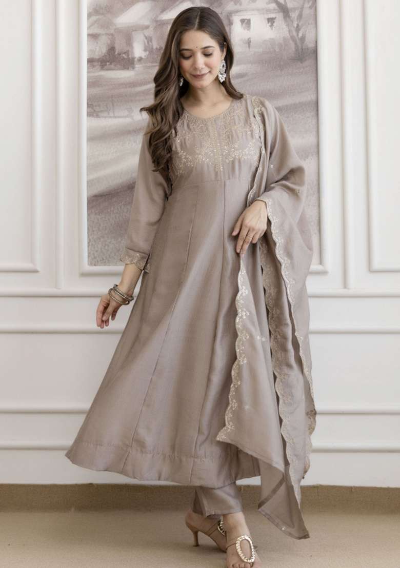 Brown Embroidered Silk A Line Kurta Set - Indya