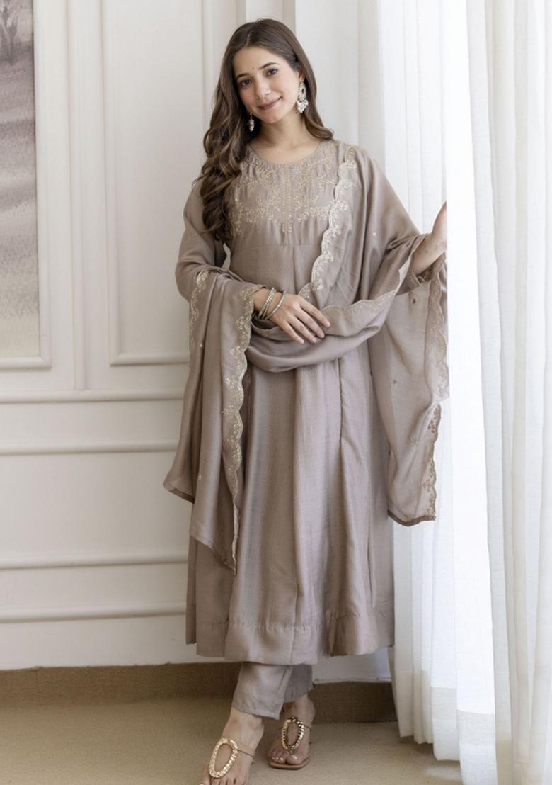 Brown Resham Embroidery Art Silk Kurta Set - Indya