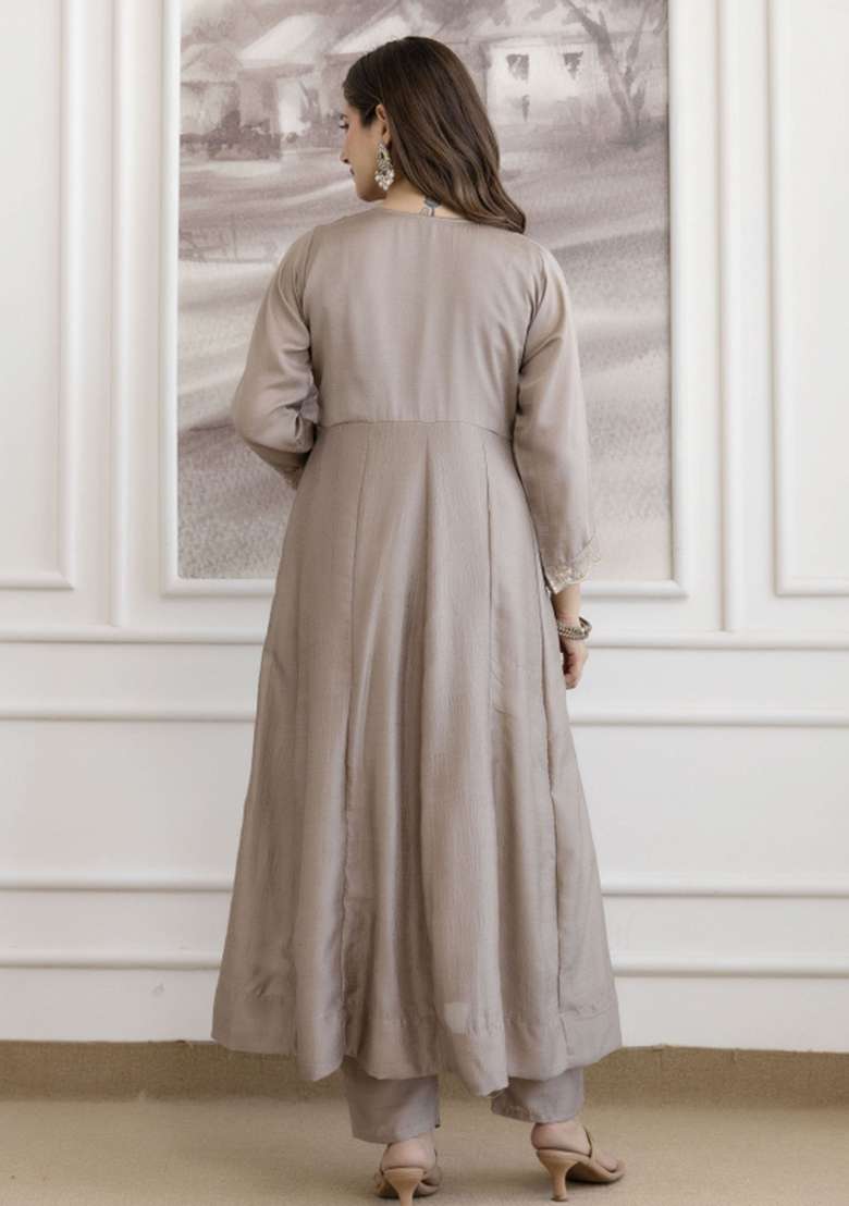 Brown Embroidered Silk A Line Kurta Set - Indya