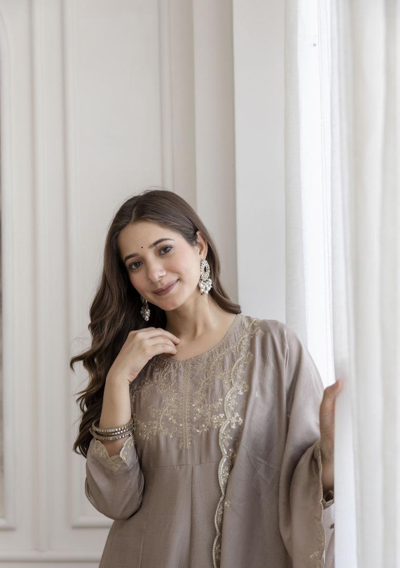 Brown Resham Embroidery Art Silk Kurta Set - Indya