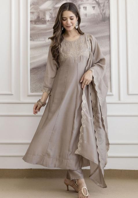 Brown Resham Embroidery Art Silk Kurta Set