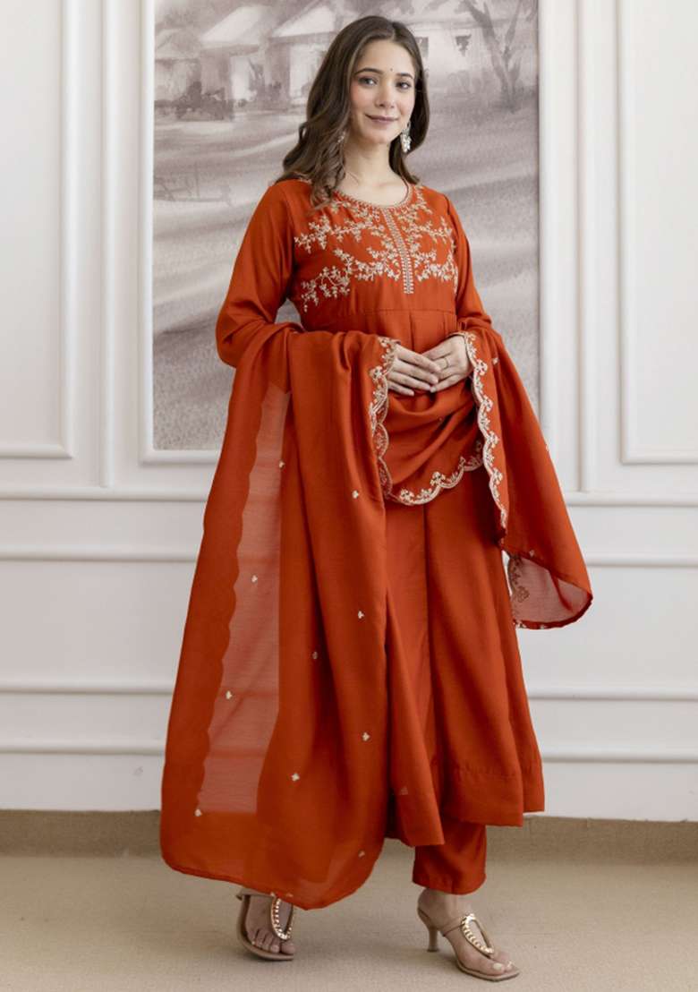 Orange Embroidered Silk Anarkali Set - Indya