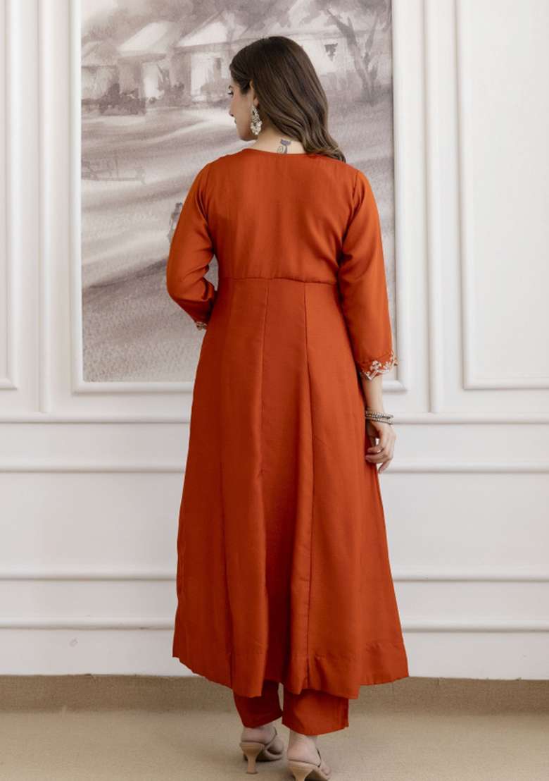 Orange Embroidered Silk Anarkali Set - Indya