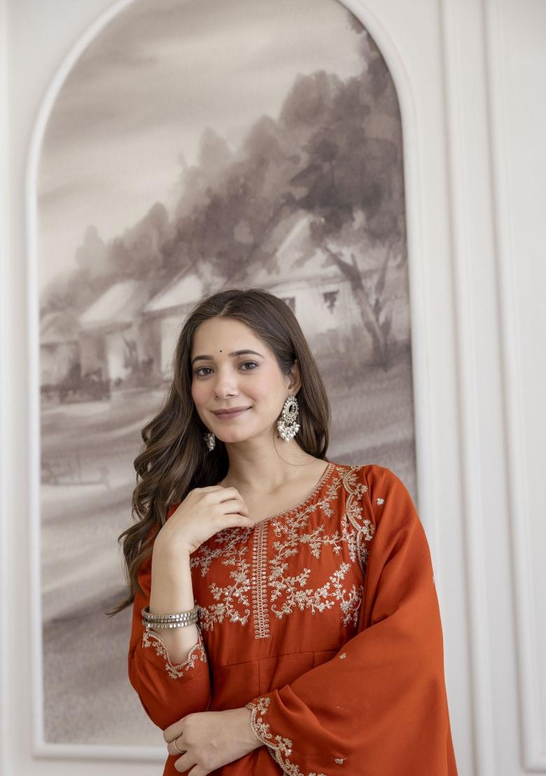 Orange Resham Embroidery Art Silk Kurta Set - Indya