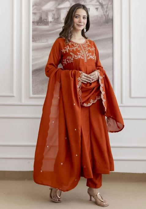 Orange Resham Embroidery Art Silk Kurta Set