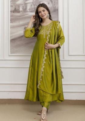 Green Resham Embroidery Art Silk Kurta Set