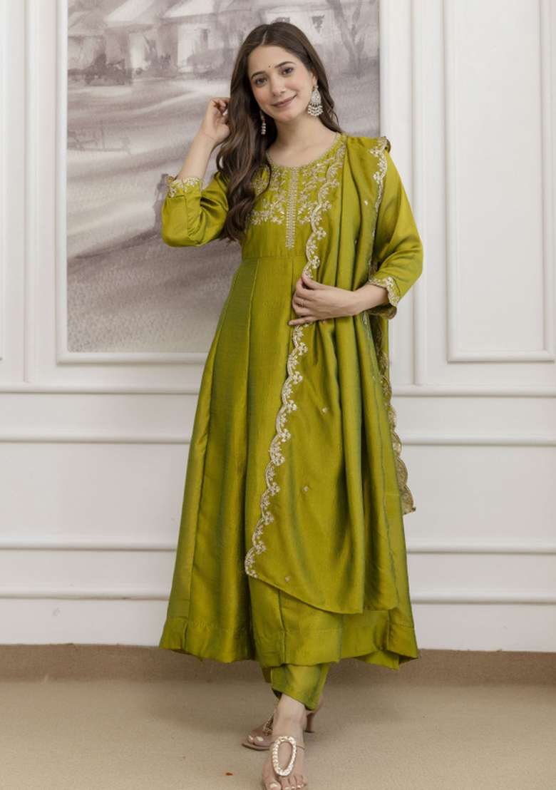 Green Embroidered Silk A Line Kurta Set - Indya
