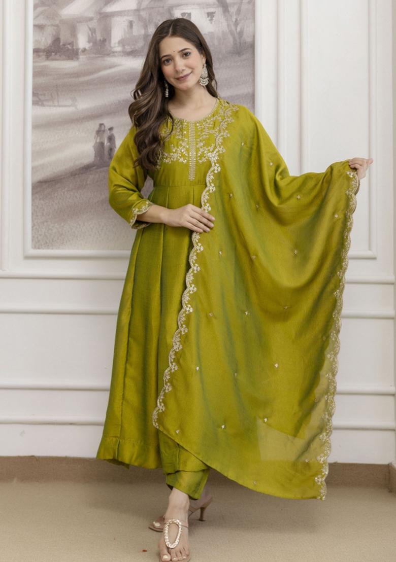Green Resham Embroidery Art Silk Kurta Set - Indya