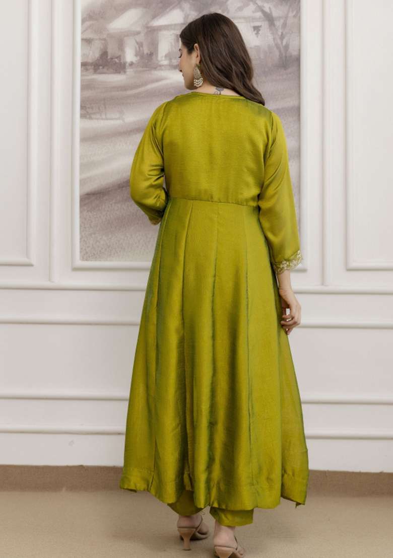 Green Embroidered Silk A Line Kurta Set - Indya